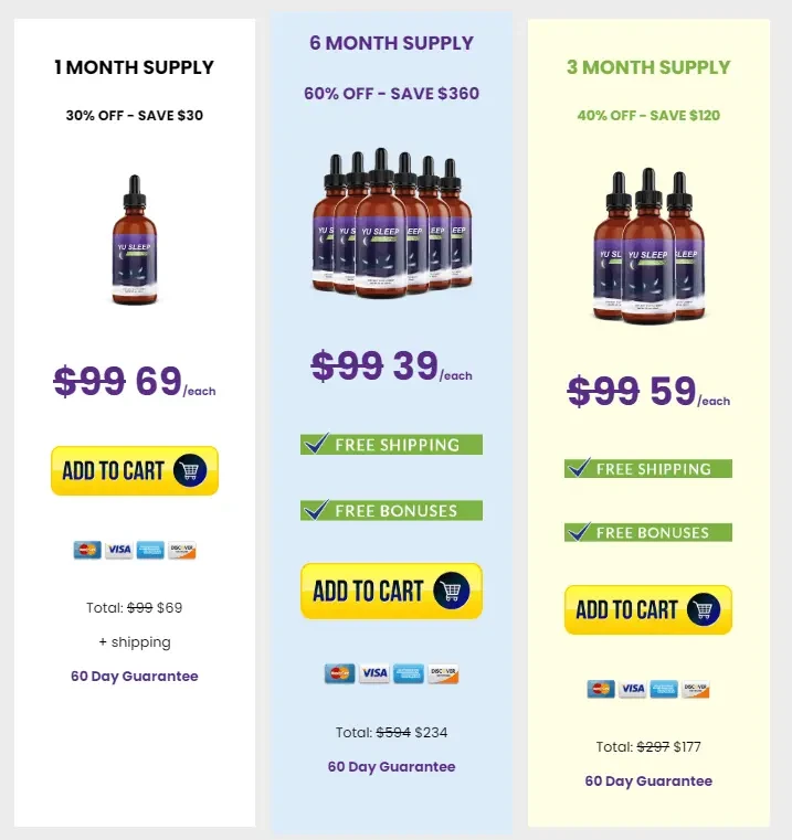 YU SLEEP Pricing Table